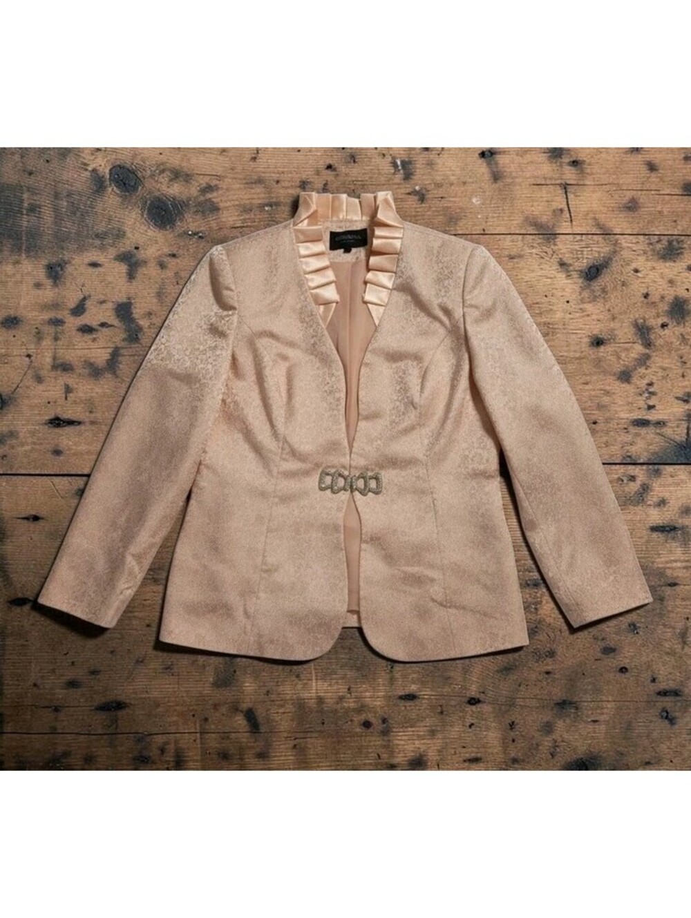 Giovanna Signature Metallic Rose Gold Brocade Evening Blazer Jacket Ruffle Sz 16